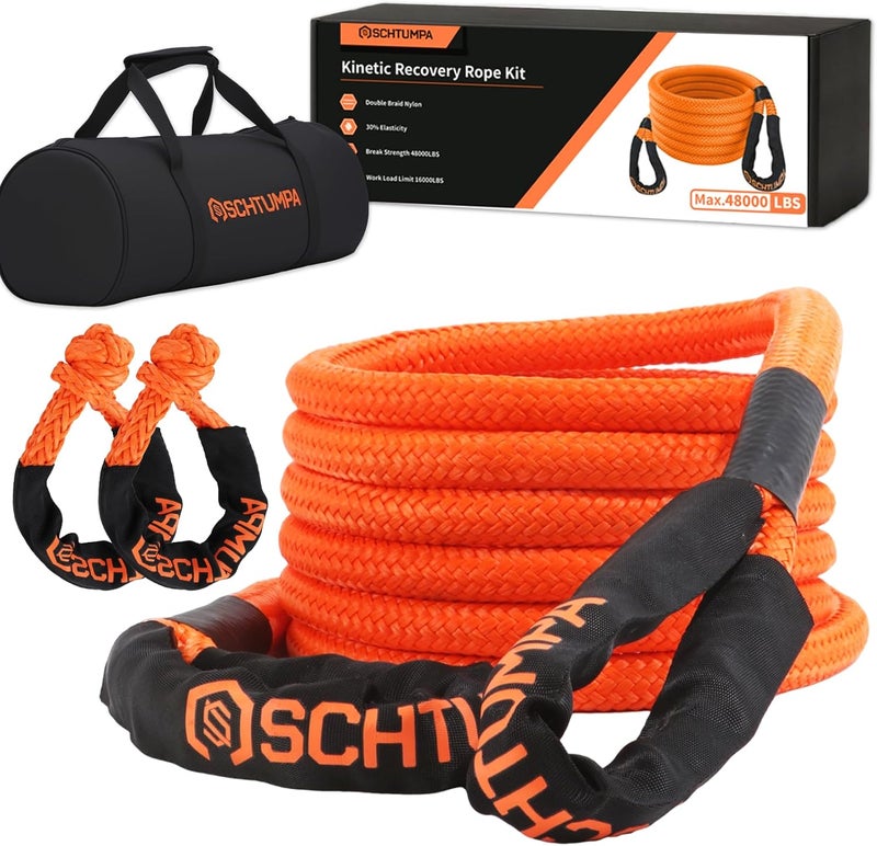 SCHTUMPA Kinetic Recovery Tow Rope, 1in x 20ft, 48000Lbs, Heavy Duty Towing Straps Kit with 1/2' X 22 Inch Soft Shackles for SUV UTV ATV Tractor Car Jeep 4x4 Offroad Vehicle - Image 1